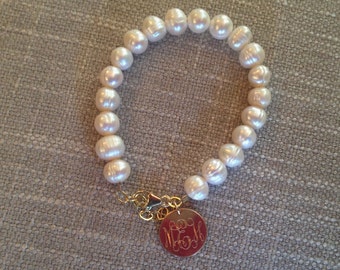 Monogram Freshwater Pearl Bracelet with Gold Filled or Sterling Silver for Bridal Bridesmaid Present