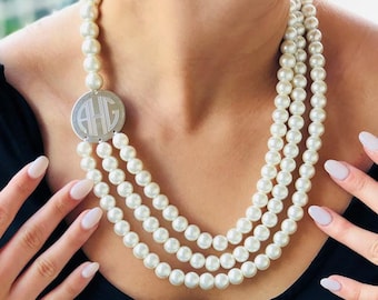 Monogram Pearl Necklace in Silver or Gold, Trendy Triple Strand Personalized Large Monogrammed Necklace 1" Disc