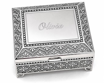 Personalized Jewelry Box Ornate Custom Engraved Bridesmaid Wedding Gift Silver Finish