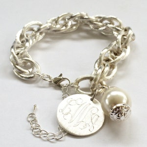 Monogram Charm Bracelet Engraved Pendant and Pearl Bracelet in Brushed Silver or Gold Personalized Jewlery image 1