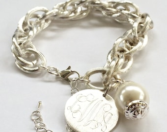 Monogram Charm Bracelet Engraved Pendant and Pearl Bracelet in Brushed Silver or Gold Personalized Jewlery