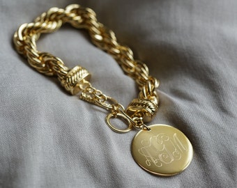 Monogram Charm Bracelet, Gold or Silver Rope Monogram Bracelet, Personalized Gold or Silver Chunky Bracelet