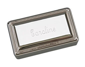 Personalized Rectangular Jewelry Box with Bead Edge Custom Engraved Bridesmaid Wedding Gift Silver Finish