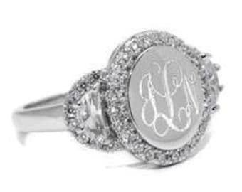 Monogram CZ Ring Sterling Silver Round Personalized Custom Signet Ring for Women or Bridesmaid Present Round Gift