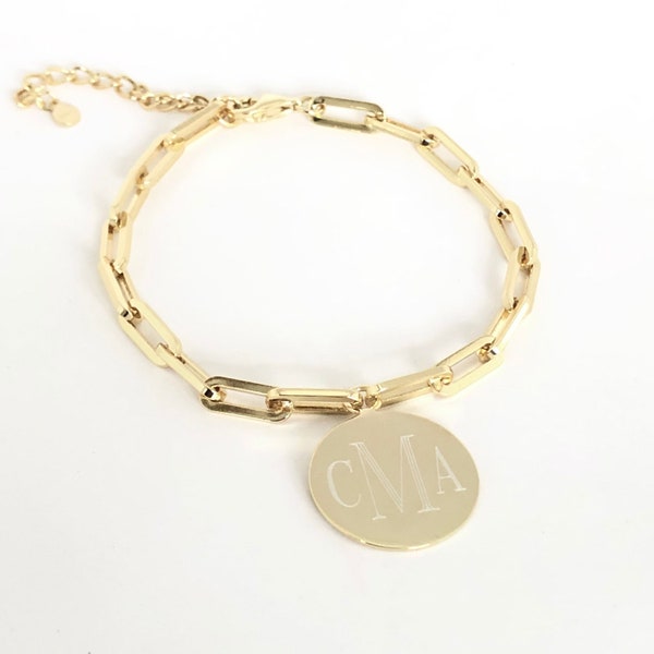 Thick Paper Clip Chain Bracelet with Monogram Sterling Silver or Gold Plated Stylish