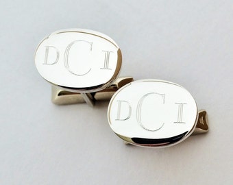 Sterling Silver Monogram Cufflinks Custom Engraved - Oval Cuff Links Monogrammed Engraved Personalized