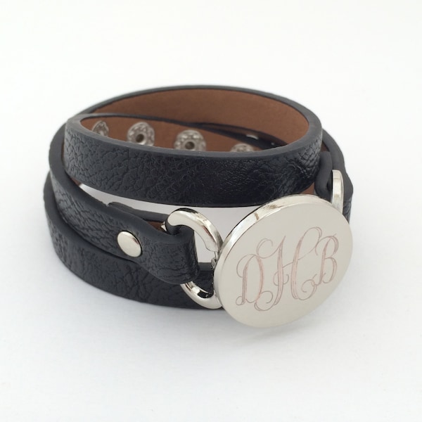Black Leather Wrap Bracelet Monogrammed with Gold or Silver Choose Your Color Monogram Leather Prep Bracelet Personalized