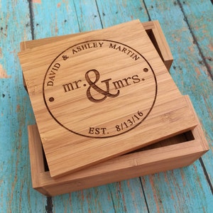 Wedding Engagement Gift Coasters, Custom Wedding Coasters, Wood Engraved Coasters, Personalized Bamboo Coasters, Engagement Gift Ideas