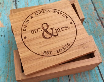Wedding Engagement Gift Coasters, Custom Wedding Coasters, Wood Engraved Coasters, Personalized Bamboo Coasters, Engagement Gift Ideas