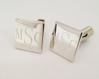 Sterling Silver Cuff Links Custom Engraved - Square Monogrammed Engraved Personalized