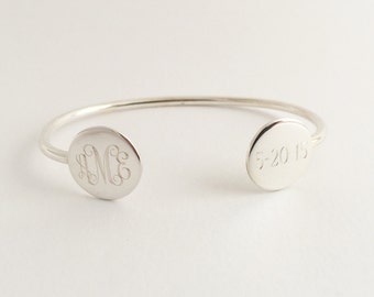 Monogram Cuff Bracelet Stacking Bracelet Bangle for Silver or Gold Finish Women Bridesmaid Present Monogram JewelryTwo Engraved Discs