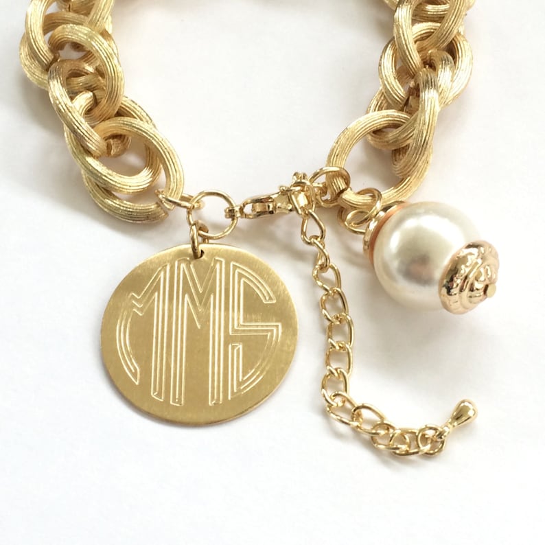 Monogram Charm Bracelet Engraved Pendant and Pearl Bracelet in Brushed Silver or Gold Personalized Jewlery image 5