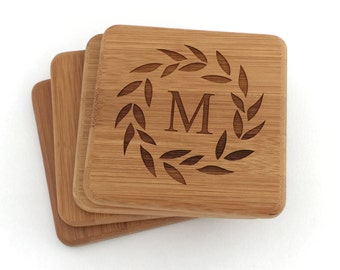 Monogram Coasters- Bamboo Coasters Personalized and Engraved with Name or Monogram House Warming Wedding