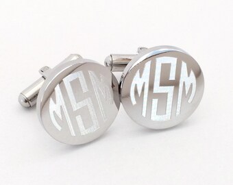 Monogrammed Cufflinks in Stainless Steel Round Personalized Custom Initials Engraved