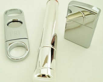 Engraved Silver Cigar Cutter, Cigar Tube, and Lighter- Gift for Man