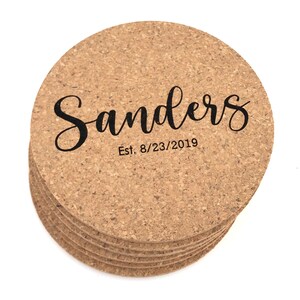 Personalized Round Cork Coasters Set of 6 - Custom Permanently Engraved New Home Wedding Hostess Gift