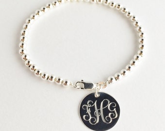 Sterling Silver Bead Monogram Bracelet - 4mm Silver Beads with Personalized Charm