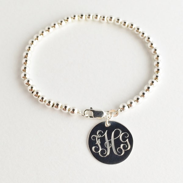 Sterling Silver Bead Monogram Bracelet - 4mm Silver Beads with Personalized Charm