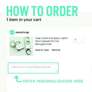 May include: A silver cigar cutter and Zippo lighter set with the text "Cigar Cutter And Zippo Lighter Sets Engraved for Free Monogrammed" and "Save for later Remove" on a white background.