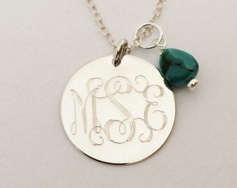 Monogrammed Necklace in Sterling Silver with Birthstone Charm for Women or Bridesmaids