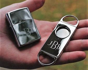Monogram Cigar Cutter And Zippo Lighter Sets, Father of the Groom, Father of the Bride, Groosmen Gift Cigar Cutter Engraved Monogrammed