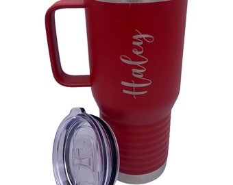 Personalized Insulated Tumbler with Handle 20 oz with Slider Top Etched Powder Coated Stainless Steel Tumbler Car Cup Custom Engraved