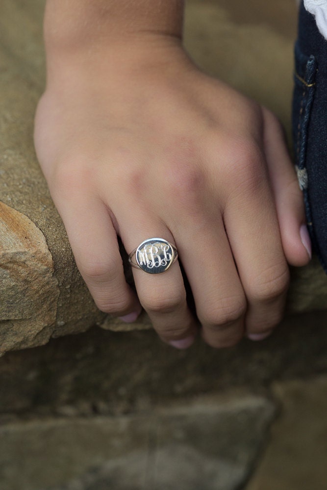 Monogrammed Ring in Sterling Silver for Women or Christmas Present Round