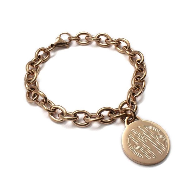 Monogram Charm Bracelet Stainless Steel-  Silver, Gold or Rose Gold Finish