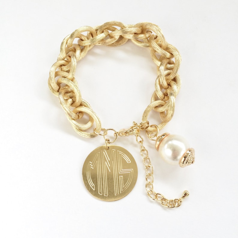 Monogram Charm Bracelet Engraved Pendant and Pearl Bracelet in Brushed Silver or Gold Personalized Jewlery image 6