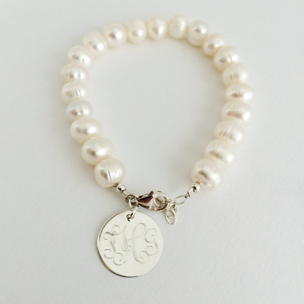 Monogram Freshwater Pearl Bracelet with Sterling Silver for Bridal Bridesmaid Present