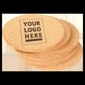 May include: Set of four round cork coasters with a brown, natural finish. The top coaster has the text "YOUR LOGO HERE" printed in black.