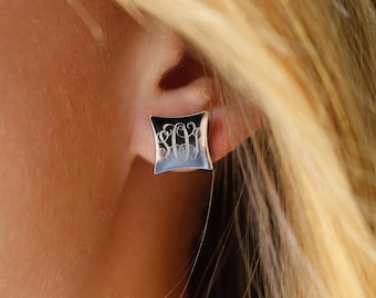 Pendientes con monograma Tachuelas de plata, Pendientes con monograma Tachuelas de oro Pendientes con monograma cuadrados, oro plateado o oro rosa