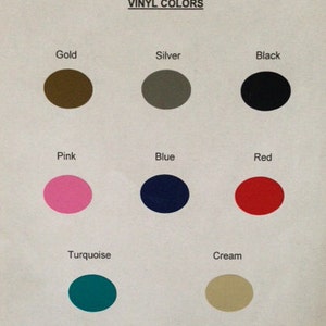 Pode incluir: Um gr&aacute;fico mostrando as cores de vinil com as palavras "Cores de vinil" no topo. As cores s&atilde;o: dourado, prata, preto, rosa, azul, vermelho, turquesa e creme.