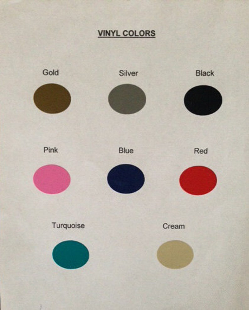 Pode incluir: Um gr&aacute;fico mostrando as cores de vinil com as palavras "Cores de vinil" no topo. As cores s&atilde;o: dourado, prata, preto, rosa, azul, vermelho, turquesa e creme.