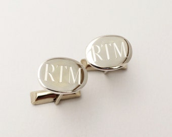 Sterling Silver Cuff Links Custom Engraved - Oval Monogrammed Engraved Personalized