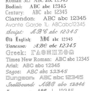 May include: A list of different fonts with the names and examples of each font. The fonts include Roman 3L, Bodini, Century, Clarendon, Avante Garde 1L, Script, Old English, Vanessa, Greek, Times New Roman, Arial, Segoe, Dungeon, Snellbound, and Monogram. The text at the bottom of the image reads "(for initials: first, middle, last - all same size)"