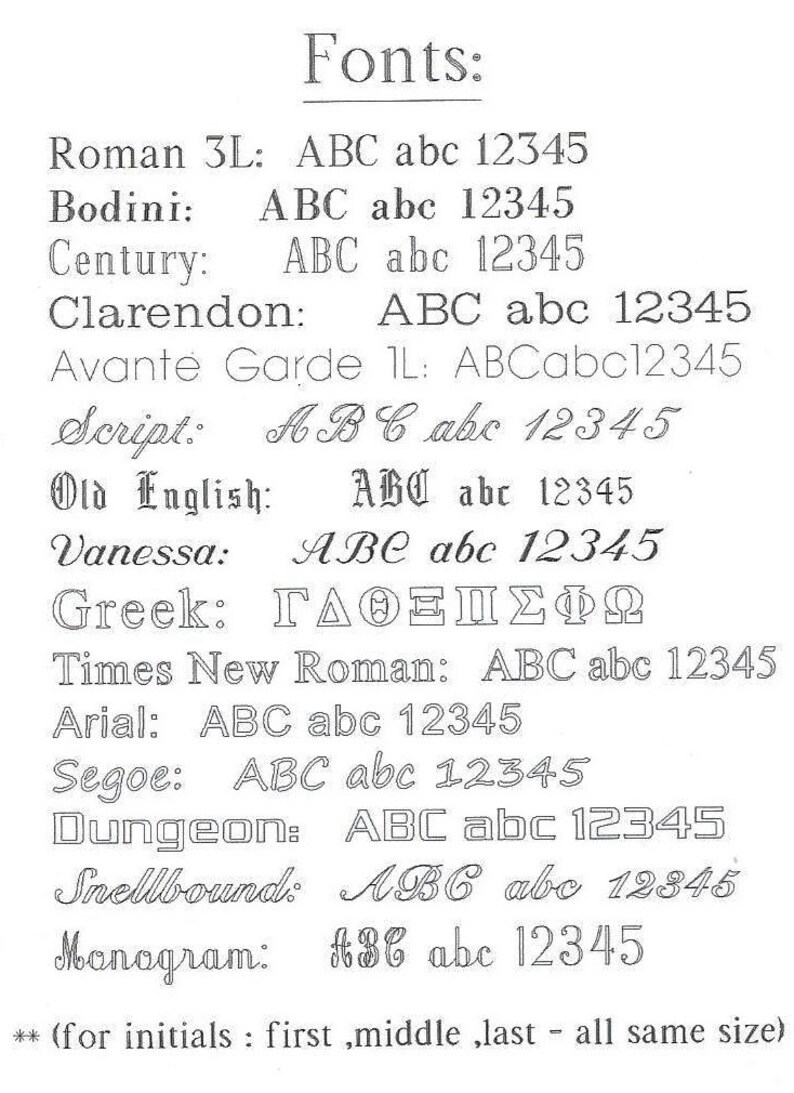 May include: A list of different fonts with the names and examples of each font. The fonts include Roman 3L, Bodini, Century, Clarendon, Avante Garde 1L, Script, Old English, Vanessa, Greek, Times New Roman, Arial, Segoe, Dungeon, Snellbound, and Monogram. The text at the bottom of the image reads "(for initials: first, middle, last - all same size)"