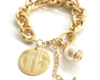 Charm Bracelet Monogram and Pearl Bracelet in Brushed Gold or Silver Personalized Jewlery