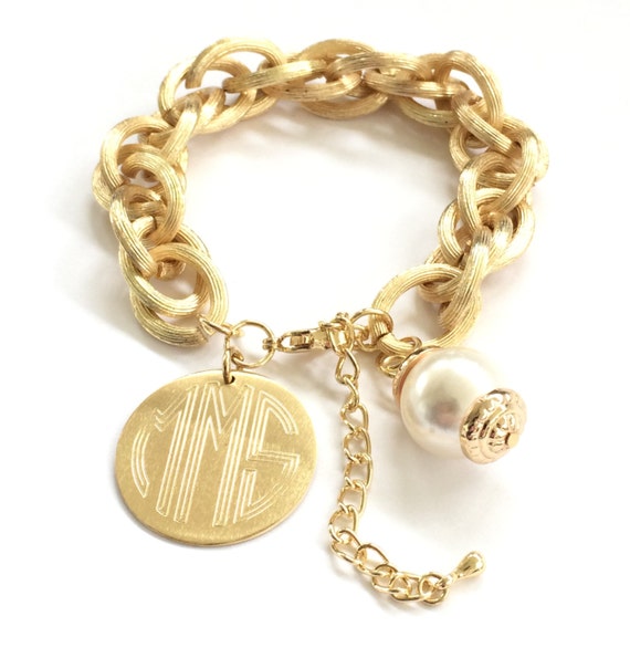Charm Bracelet Monogram and Pearl Bracelet in Brushed Gold or Silver Personalized Jewlery