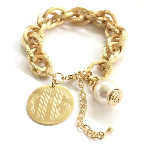 Charm Bracelet Monogram and Pearl Bracelet in Brushed Gold or Silver Personalized Jewlery