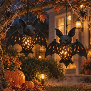May include: Two hanging bat-shaped lanterns with a dark finish and cut-out leaf patterns that emit a warm, glowing light from within. Each bat features pointed ears, outstretched wings, and a detailed body, suspended by black cords from a tree branch.