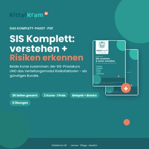 May include: A digital PDF bundle titled SIS Komplett: verstehen + Risiken erkennen from KittelKram. The teal graphic features two document covers, text detailing 38 pages, 5 exercises, and a 2-course package. The design includes orange accents and white text.