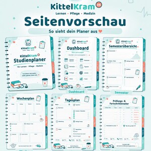 Könnte beinhalten: Ein KittelKram Studienplaner in Hellblau und Weiß. Das Layout enthält Bereiche für Dashboard, Semesterübersicht, Wochenplan, Tagesplan und Prüfungs- & Fortschrittstracker, verziert mit kleinen medizinischen Symbolen und verschiedenen Texten.