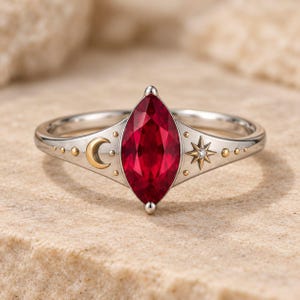 Lab Grown Ruby Marquise Ring, Sterling Silver Celestial Moon Star Design