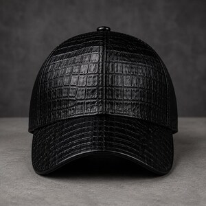 Pode incluir: Um boné de beisebol preto com um padrão texturizado em relevo de pele de crocodilo em toda a superfície. O boné apresenta uma copa estruturada, uma aba curva e um pequeno botão no topo central, tudo com um acabamento preto brilhante e uniforme.