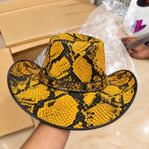 Handmade Snakeskin Embossed Leather Cowboy Hat, Yellow Black Python Print Western Rodeo Hat