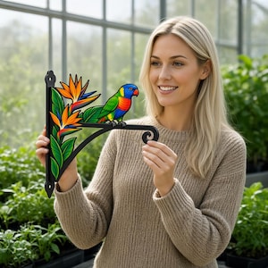 Rainbow Lorikeet Metal Pot Hanger, Tropical Bird Wall Bracket, Bird of Paradise Flower Decor, Colorful Parrot Garden Gift,Gift For Christmas