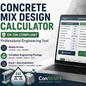 May include: A laptop displaying the ConStruct Concrete Mix Design Calculator software. The screen shows technical data, including design inputs, mix design summary, and a component distribution pie chart. The interface is EN 206 compliant.