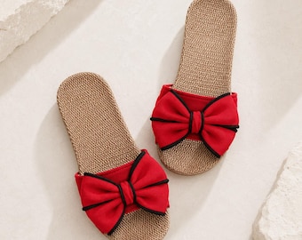 Women’s Elegant Bow Slide Slippers, Flat Slip-On Beach Wear, Summer Vacation Resort Sandals
