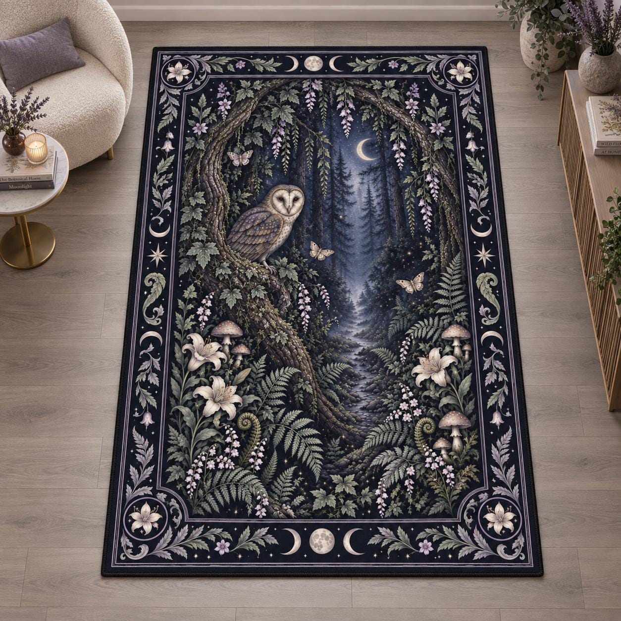 Moonlit Owl Area Rug, Botanical Forest with Lilies and Celestial Border